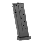MAG BERSA BP9 matte black pistol magazine, angled side view with witness holes and base plate