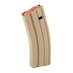Global Ordnance GO MAG AR15 flat dark earth steel magazine, side view with red follower