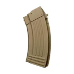 Global Ordnance GO MAG AK47 flat dark earth curved steel magazine, angled side view with ribs