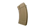 Global Ordnance GO MAG AK47 flat dark earth curved steel magazine, angled side view with ribs