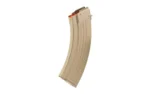 Global Ordnance GO MAG AK flat dark earth curved steel magazine, side view with red follower
