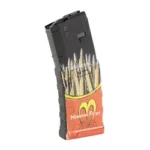 Mission First Tactical Extreme Duty 5.56 magazine, black, angled view with red graphic sleeve