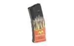 Mission First Tactical Extreme Duty 5.56 magazine, black, angled view with red graphic sleeve