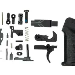 CMMG ZEROED LPK AR15, top view of black grip, curved trigger, springs, pins and small parts