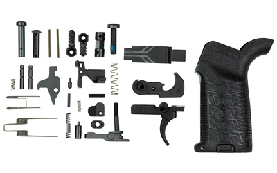CMMG ZEROED LPK AR15, top view of black grip, curved trigger, springs, pins and small parts