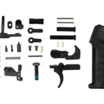 CMMG Zeroed LPK Mk3, black grip and assorted lower parts arranged in rows