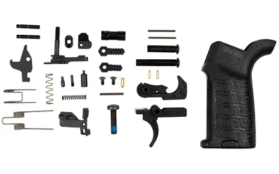 CMMG Zeroed LPK Mk3, black grip and assorted lower parts arranged in rows