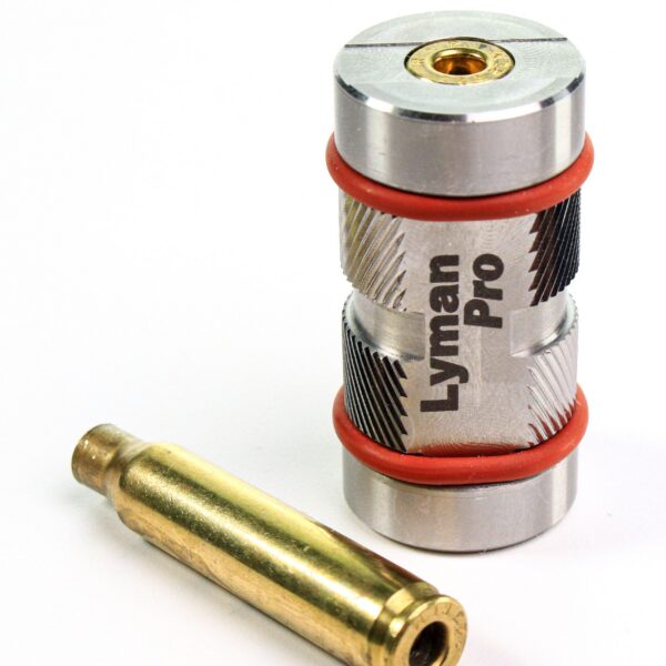 Lyman Pro Stainless Headspace Gauge with silver cylindrical gauge and brass cartridge case