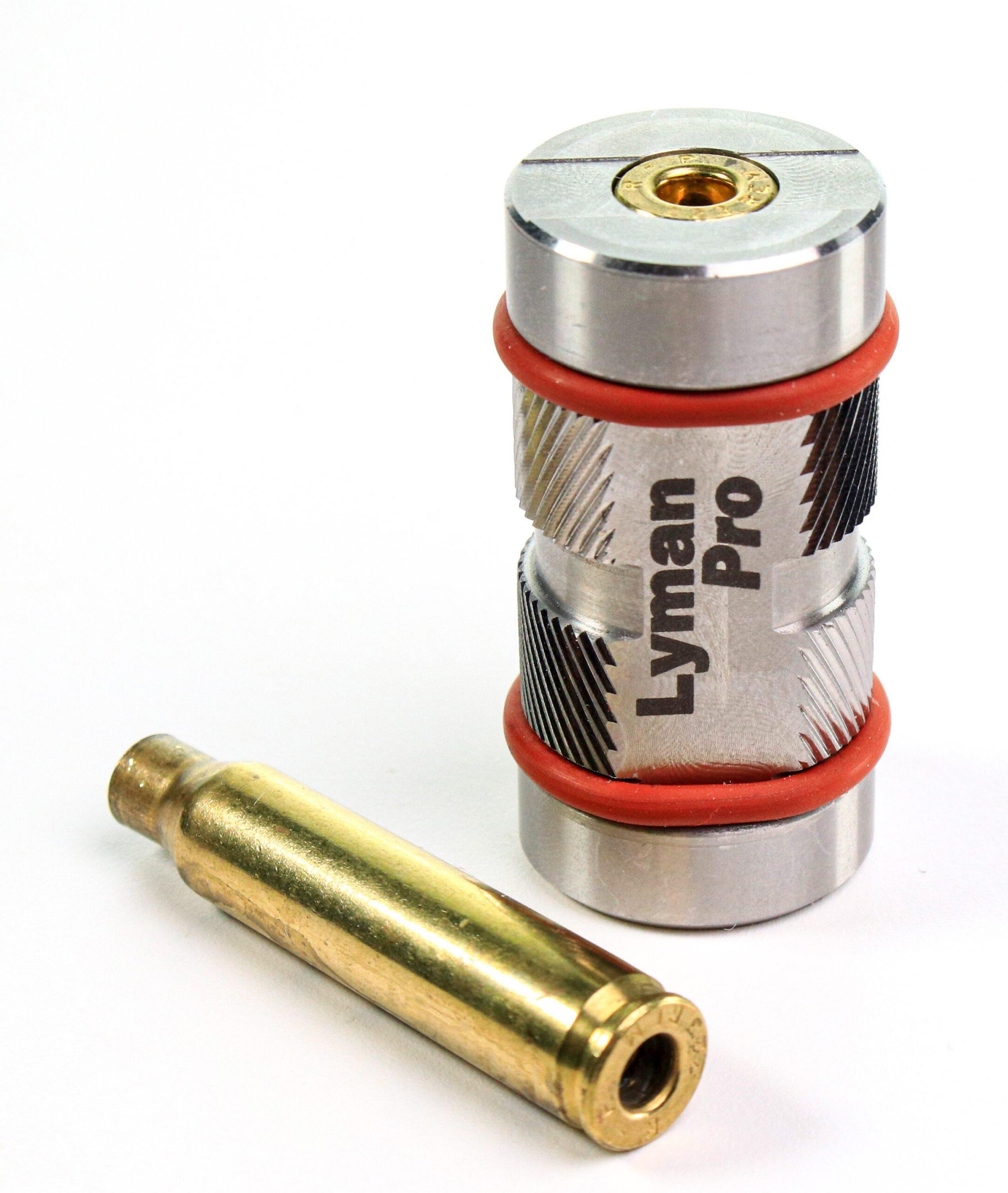 primary-15 Lyman Pro Stainless Headspace Gauge with silver cylindrical gauge and brass cartridge case