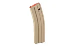 Global Ordnance GO MAG AR15 flat dark earth curved steel magazine, angled side view with red follower