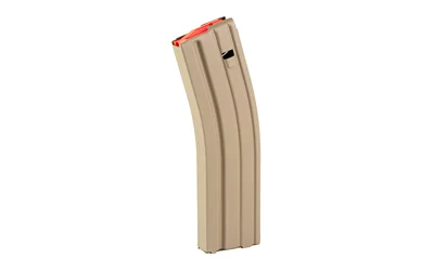 primary-15004 Global Ordnance GO MAG AR15 flat dark earth curved steel magazine, angled side view with red follower