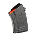 Global Ordnance GO MAG AK47 black curved steel magazine, angled side view with red follower