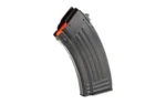 Global Ordnance GO MAG AK47 black curved steel magazine, angled side view with ribbed body