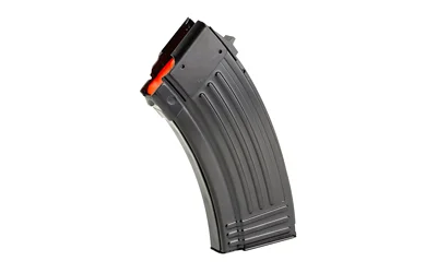 Global Ordnance GO MAG AK47 black curved steel magazine, angled side view with ribbed body