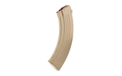 primary-15007 Global Ordnance GO MAG AK47 flat dark earth curved steel magazine, angled side view