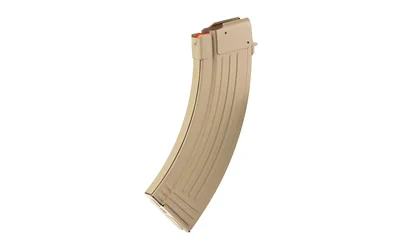Global Ordnance GO MAG AK47, curved flat dark earth steel magazine, angled side view
