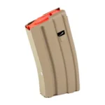 Global Ordnance GO MAG AR FDE curved steel magazine, angled side view with orange follower