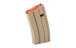Global Ordnance GO MAG AR FDE curved steel magazine, angled side view with orange follower