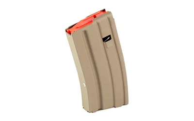 primary-15028 Global Ordnance GO MAG AR FDE curved steel magazine, angled side view with orange follower