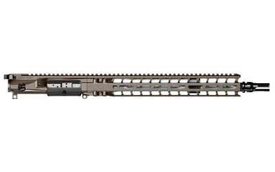 Radian Upper brown, right-side view with ventilated handguard, top rail and muzzle device