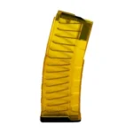 Mission First Tactical EXD translucent yellow curved magazine, side view with ribs and black baseplate