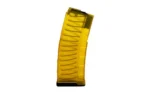 Mission First Tactical EXD translucent yellow curved magazine, side view with ribs and black baseplate