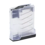 Mission First Tactical MFT Extreme Duty .308 clear magazine, angled front view with black baseplate