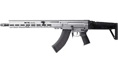 CMMG DISSENT MK47 silver and black rifle, right-side view, with curved magazine and folding stock