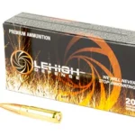 LEHIGH MAX EXP ammunition box with two brass cartridges, angled front view