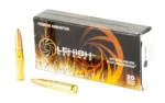 LEHIGH MAX EXP ammunition box with two brass cartridges, angled front view