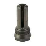 BANISH FLASH HIDER 30 GOLD 5/8X24, dark metal flash hider in upright angled view with long ports
