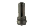 BANISH FLASH HIDER 30 GOLD 5/8X24, dark metal flash hider in upright angled view with long ports