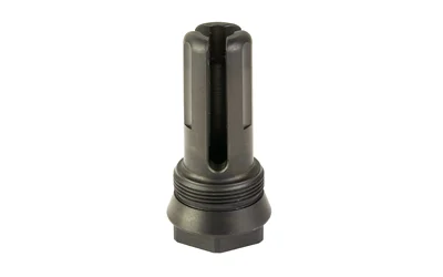 BANISH FLASH HIDER 30 GOLD 5/8X24, dark metal flash hider in upright angled view with long ports