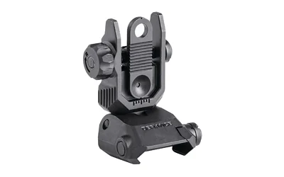 KRISS Rear Flip Sight Steel, black front three-quarter view with raised aperture and base