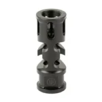 Primary Weapons Systems PWS MOD 2 FSC556, black muzzle device in upright angled view with side ports