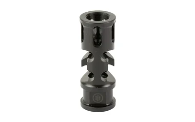 Primary Weapons Systems PWS MOD 2 FSC556, black muzzle device in upright angled view with side ports
