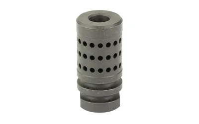 primary-15661 KAK COMPENSATOR 1/2X28 BLK, upright angled view with rows of circular ports