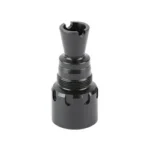 KAK PLAN B KRINK MD M26X1.5LH black muzzle device, angled view with slotted base and open prongs