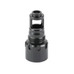 KAK PLAN B AK74 MD M26X1.5LH black muzzle device, angled view with side ports and slotted base