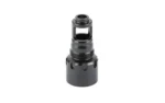 KAK PLAN B AK74 MD M26X1.5LH black muzzle device, angled view with side ports and slotted base