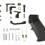 KAK AR-15 Lower Parts Kit No FCG, top view of black grip and assorted small components