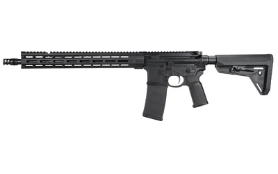 Primary Weapons Systems PWS MK116 COMPOUND black rifle, left-side view with magazine and adjustable stock