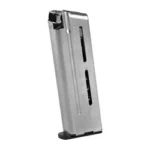 Mag Wilson ETM 9mm Compact 8rd SS silver magazine, angled side view with black base plate