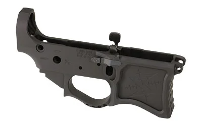 SEEKINS SP223 GEN2 BILLET LOWER LOGO black lower receiver, angled side view