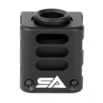 Sylvan compensator, black front and side view with round opening and horizontal ports