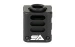 Sylvan compensator, black front and side view with round opening and horizontal ports
