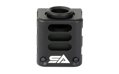 primary-15799 Sylvan compensator, black front and side view with round opening and horizontal ports