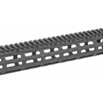 MIDWEST COMBAT RAIL 13.375 HDGRD MLK black handguard, angled side view with top rail and M-LOK slots
