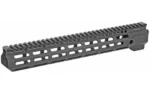 MIDWEST COMBAT RAIL 13.375 HDGRD MLK black handguard, angled side view with top rail and M-LOK slots
