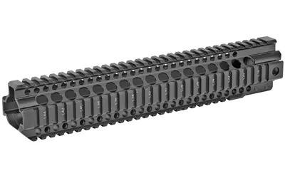 Midwest 12.625in Quad Rail Handguard, black handguard in angled side view with four rails